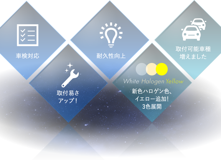 車検対応 耐久性向上 取付可能車種増えました 取付易さアップ! 新色ハロゲン色、イエロー追加!3色展開